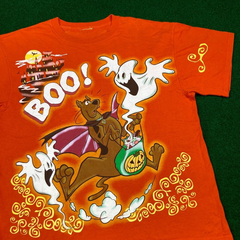 Vintage Scooby Doo Shirt Mens XL Orange Halloween Trick Or Treat Cartoon 90s Tee